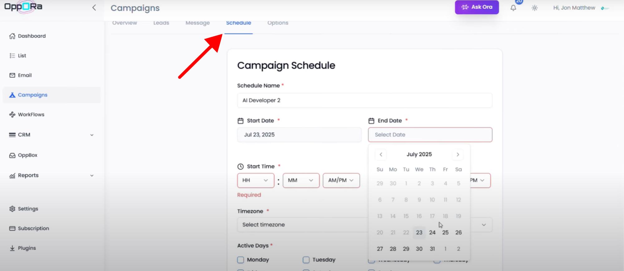 Schedule Tab