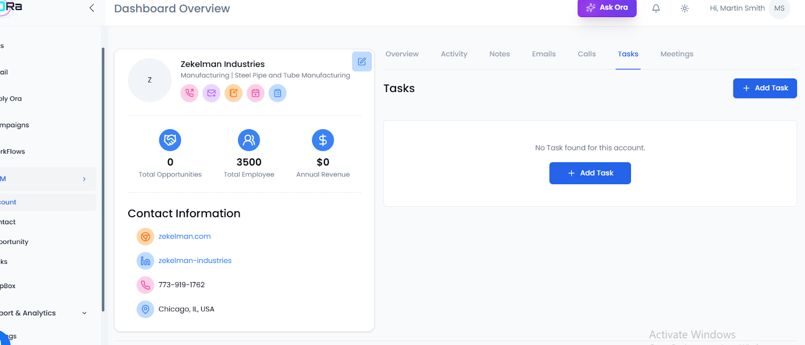 Oppora.ai CRM Tasks tab with Add Task button