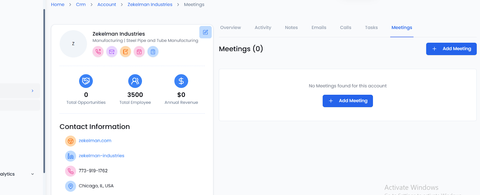 Oppora.ai CRM Meetings tab with option to add a meeting