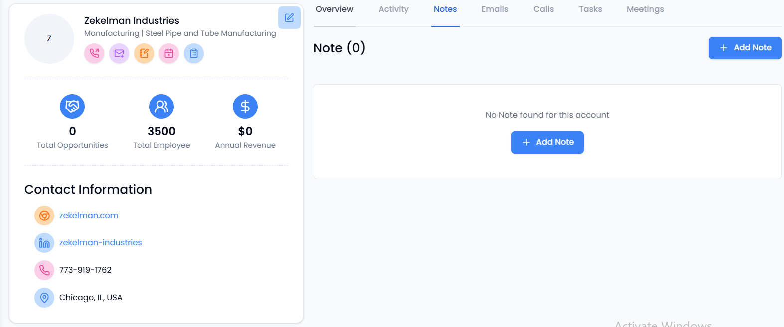 Oppora.ai CRM Notes tab with Add Note button