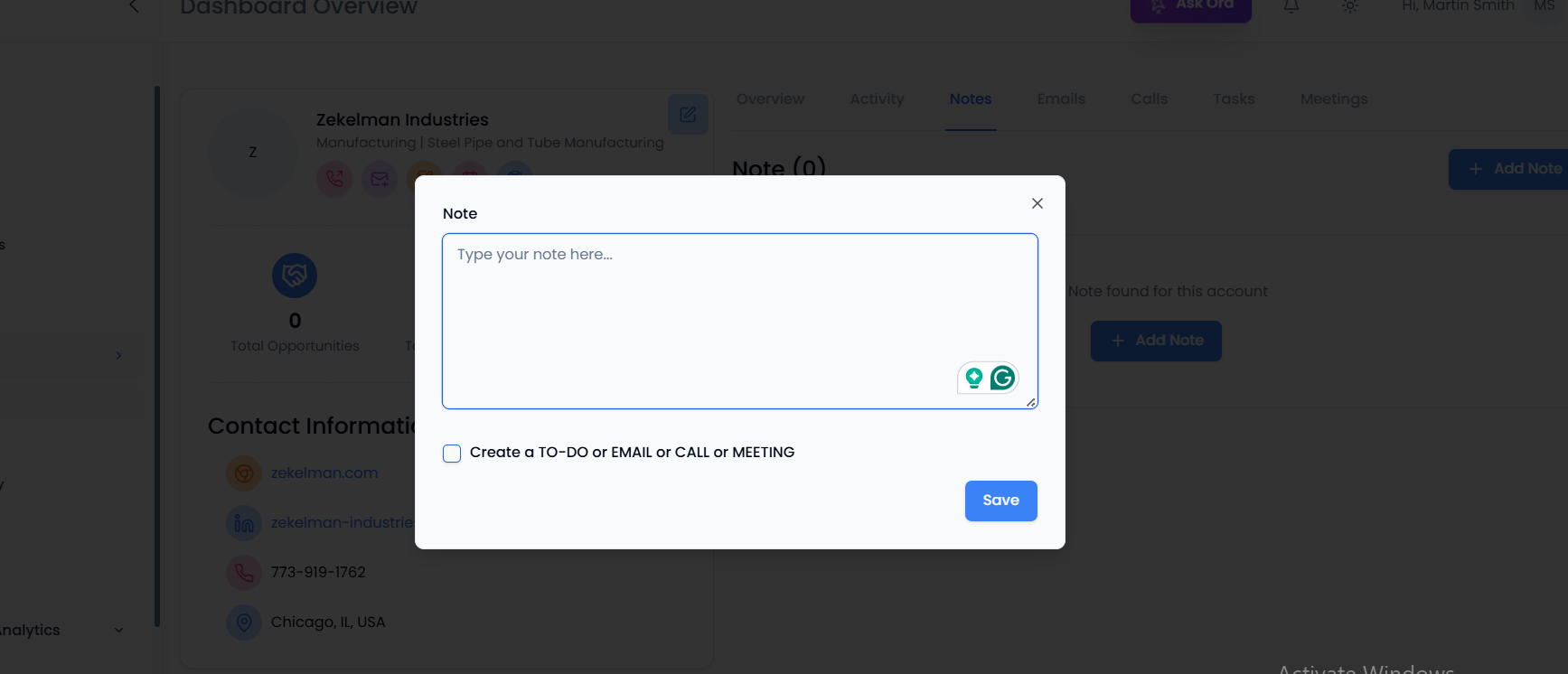 Adding a new note in Oppora.ai CRM with options to link to tasks or activities.