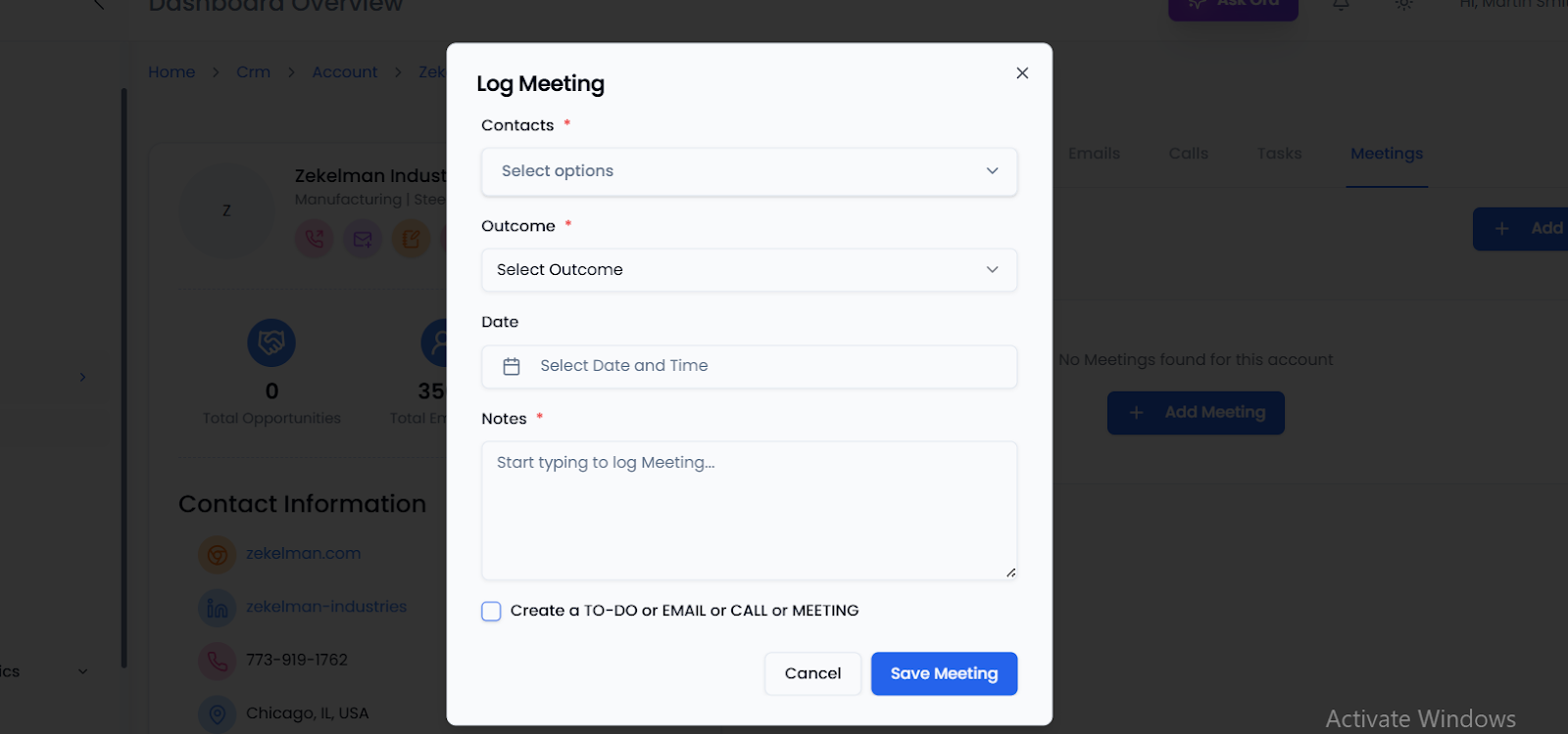 Log Meeting pop-up in Oppora.ai CRM to record meeting details