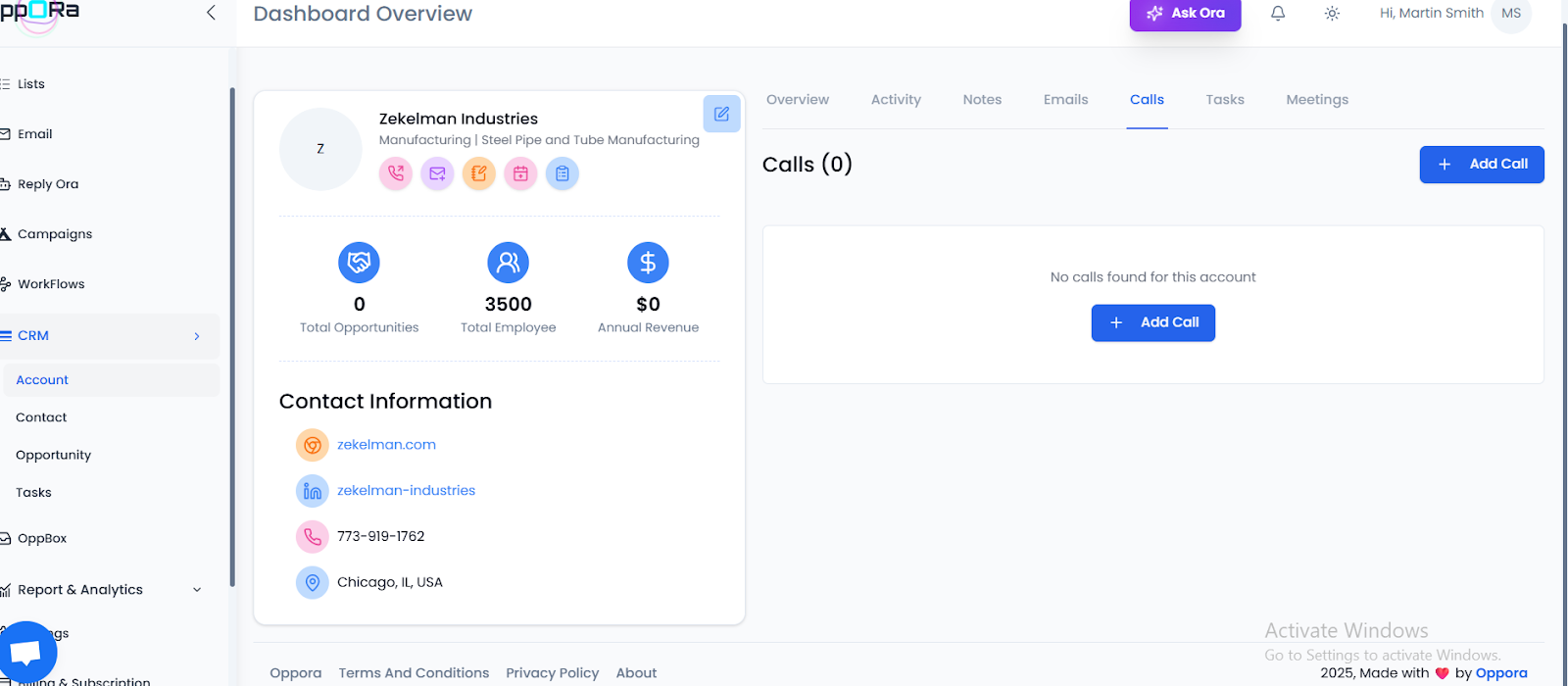 Oppora.ai CRM Calls tab with option to log a new call