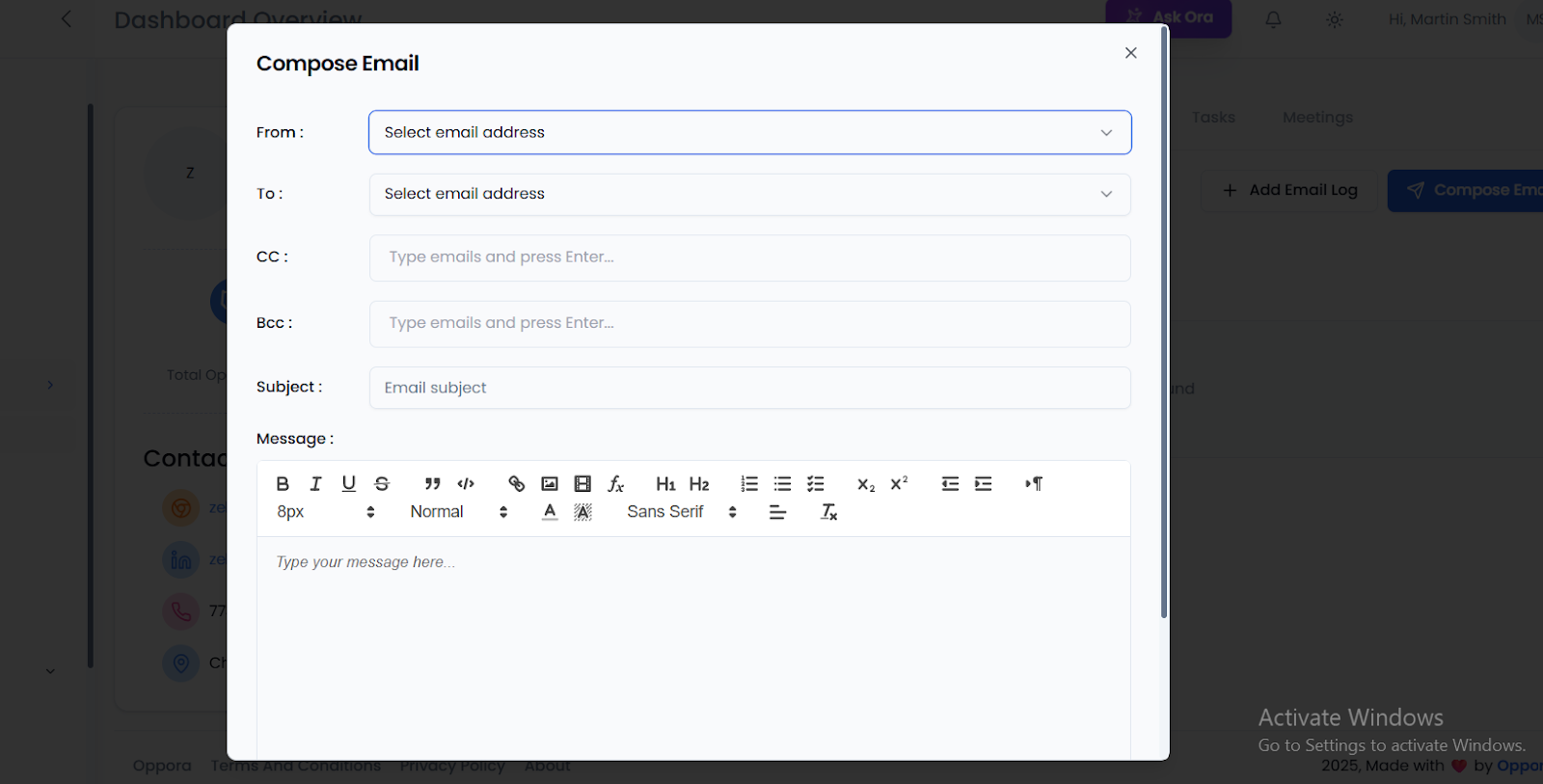 Compose email pop-up with fields for recipients, subject, and message body.
