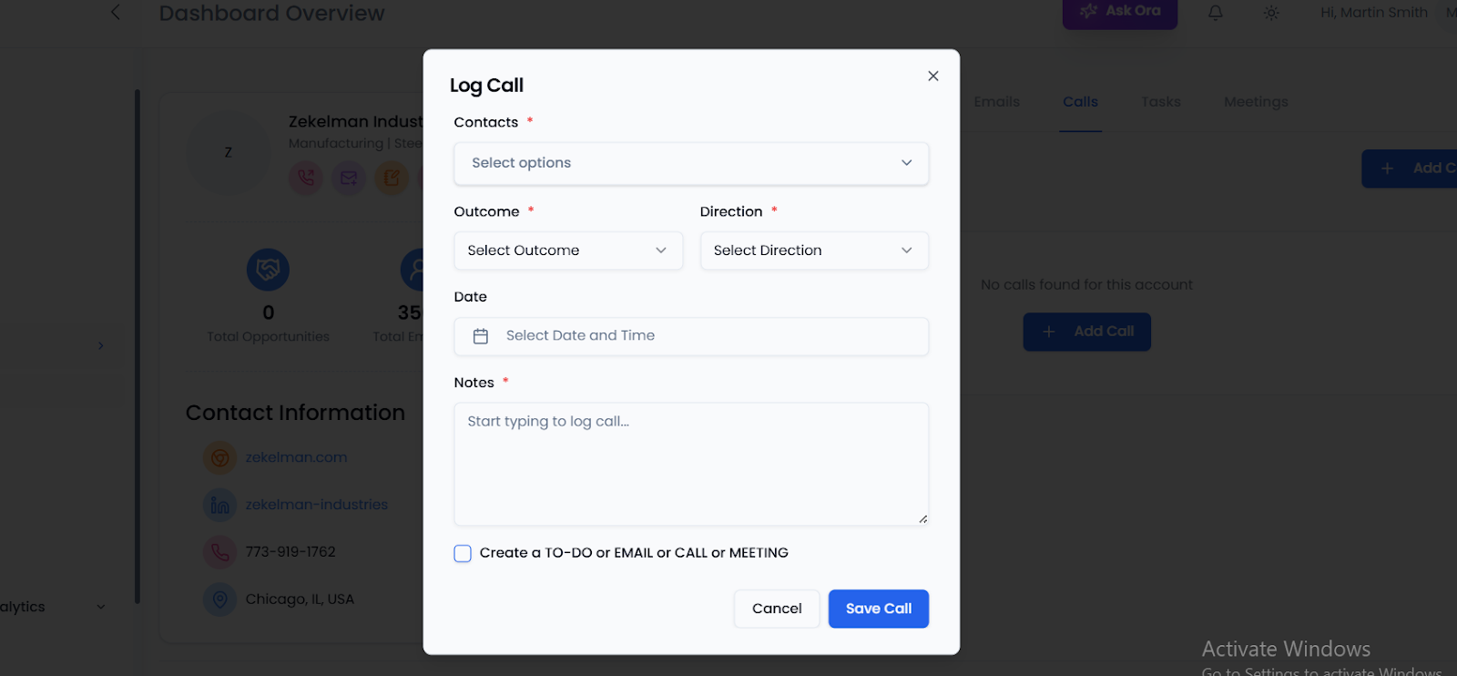 Logging a call in Oppora.ai CRM with details of conversation and outcome.