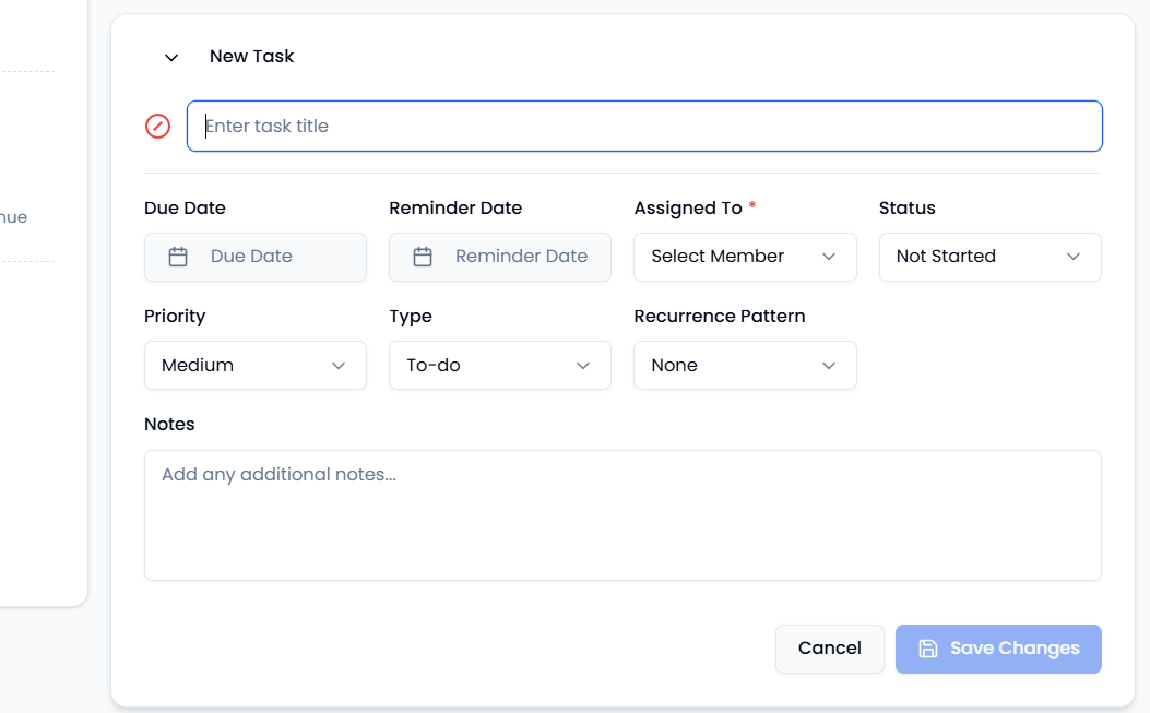 Add a task window in Oppora.ai CRM with detailed options