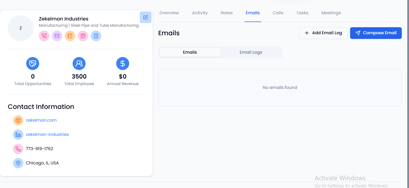 Oppora.ai CRM Emails tab with Add Email Log and Compose Email buttons.