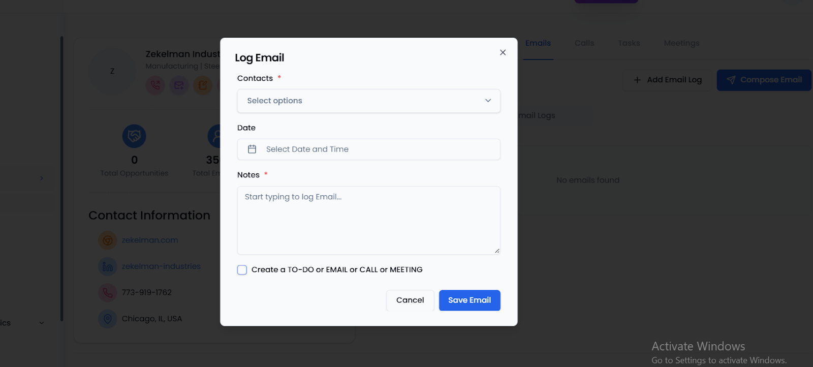 Email log pop-up for entering details of past client communication